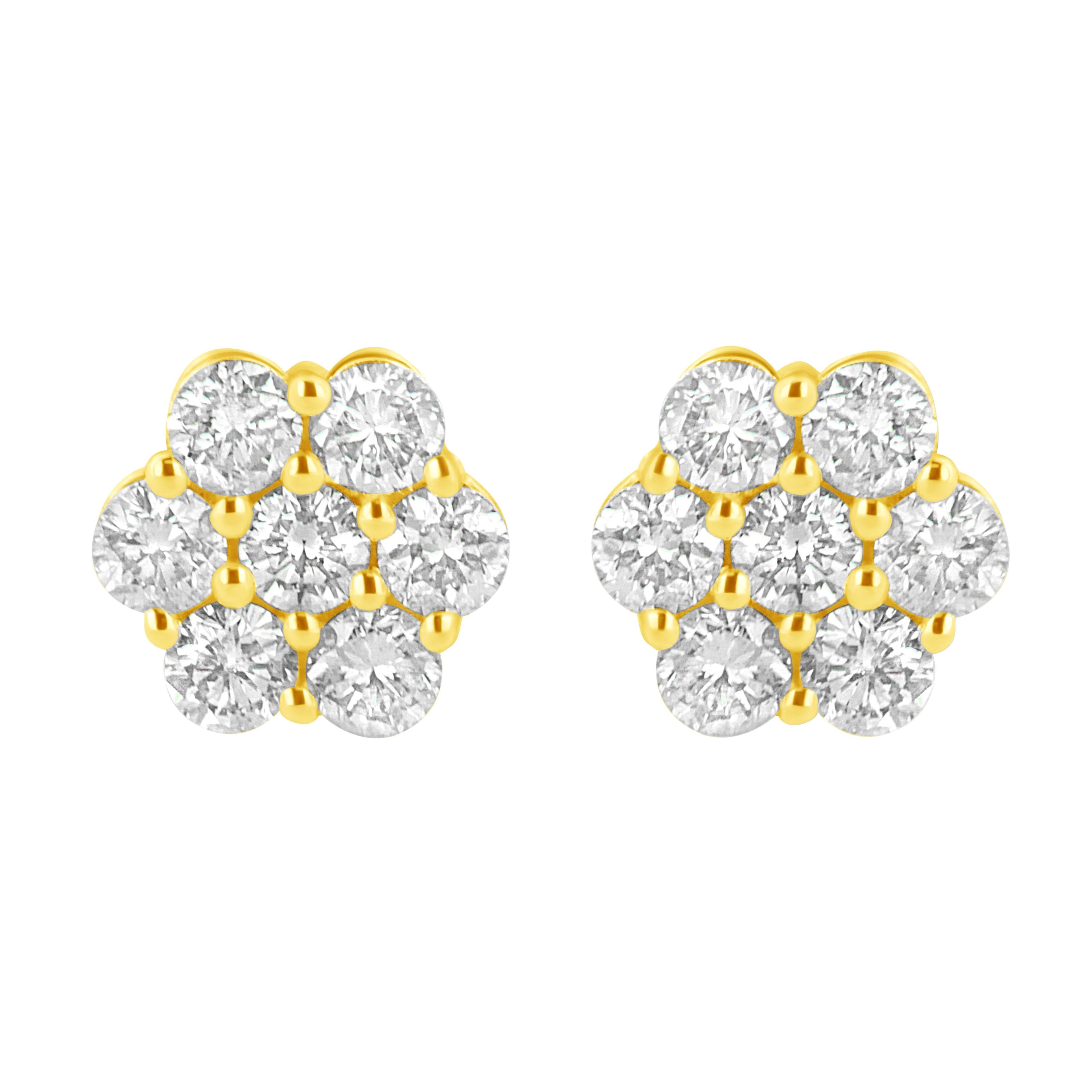 14K Yellow Gold 1/2 Cttw Brilliant Round Cut Diamond Floral Cluster Stud Earrings with Pushbacks (J-K Color, VS2-SI1 Clarity)  DestGlow