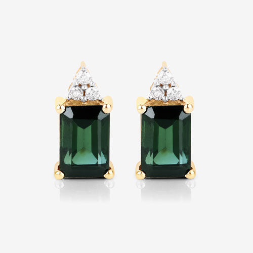 1.25 Carat Genuine Green Tourmaline and White Diamond 14K Yellow Gold Earrings  DestGlow