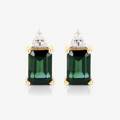 1.25 Carat Genuine Green Tourmaline and White Diamond 14K Yellow Gold Earrings  DestGlow