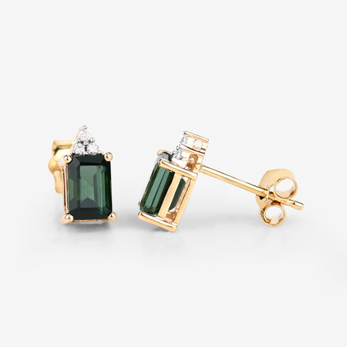 1.25 Carat Genuine Green Tourmaline and White Diamond 14K Yellow Gold Earrings  DestGlow