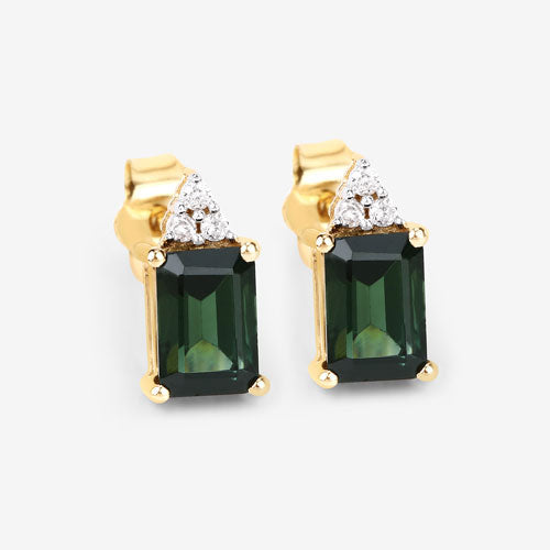 1.25 Carat Genuine Green Tourmaline and White Diamond 14K Yellow Gold Earrings  DestGlow