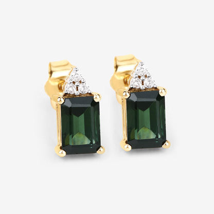 1.25 Carat Genuine Green Tourmaline and White Diamond 14K Yellow Gold Earrings  DestGlow