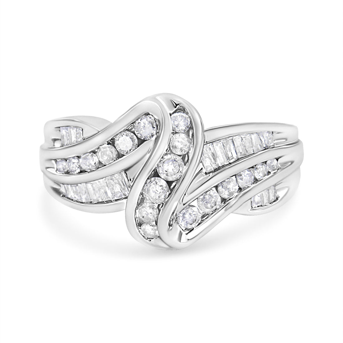 10K White Gold Ring 3/4 Cttw Round and Baguette-Cut Diamond Bypass Ring (H-I Color, I2-I3 Clarity) - Size 6 by Bids.com
