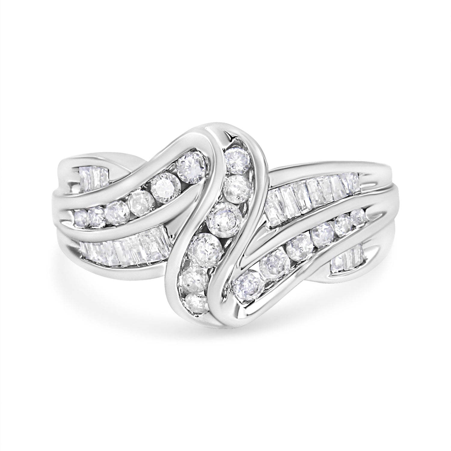 10K White Gold Ring 3/4 Cttw Round and Baguette-Cut Diamond Bypass Ring (H-I Color, I2-I3 Clarity) - Size 6 by Bids.com