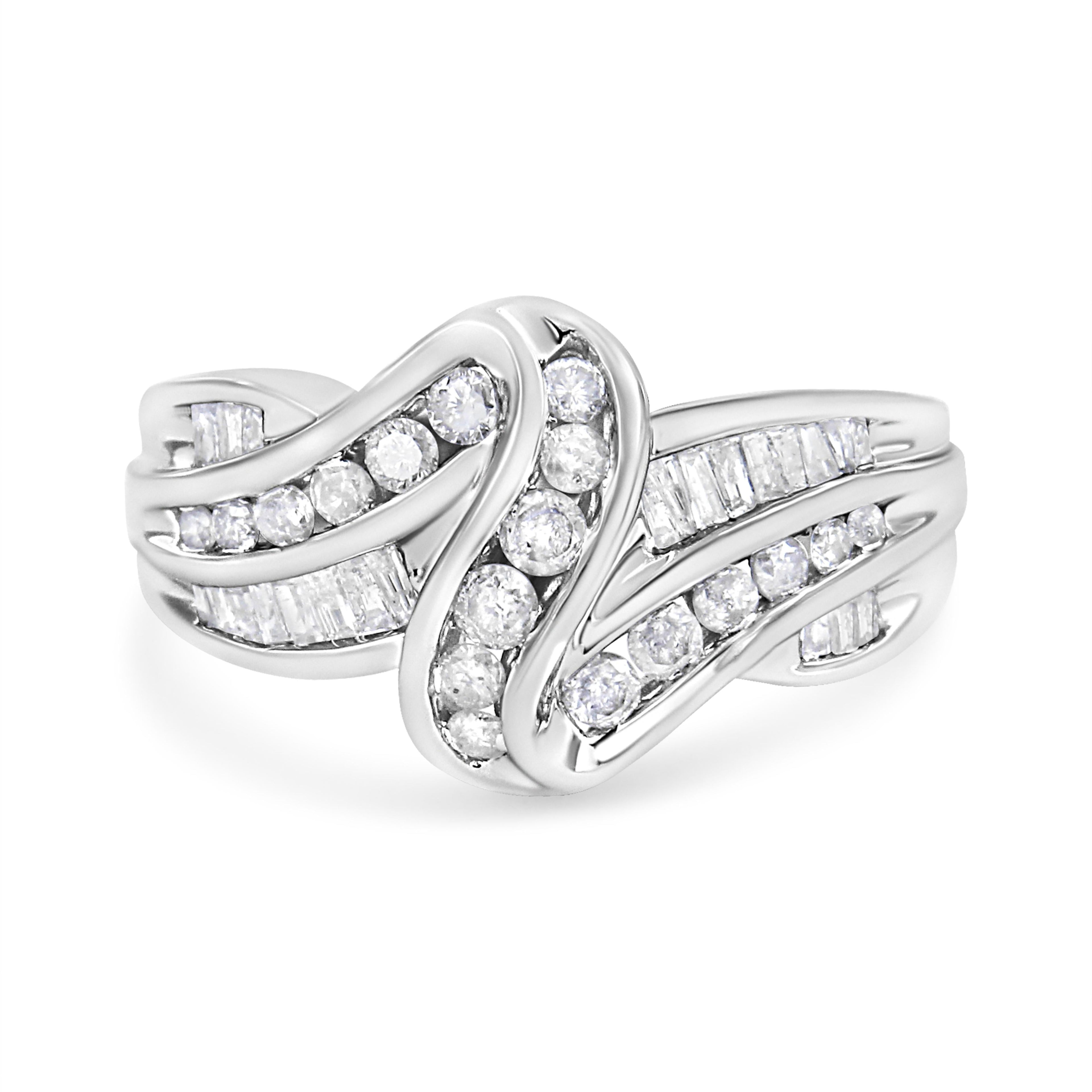 10K White Gold Ring 3/4 Cttw Round and Baguette-Cut Diamond Bypass Ring (H-I Color, I2-I3 Clarity) - Size 6 by Bids.com