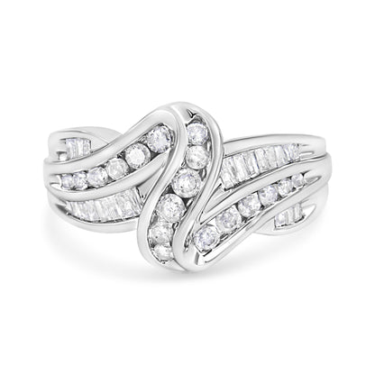 10K White Gold Ring 3/4 Cttw Round and Baguette-Cut Diamond Bypass Ring (H-I Color, I2-I3 Clarity) - Size 6 by Bids.com