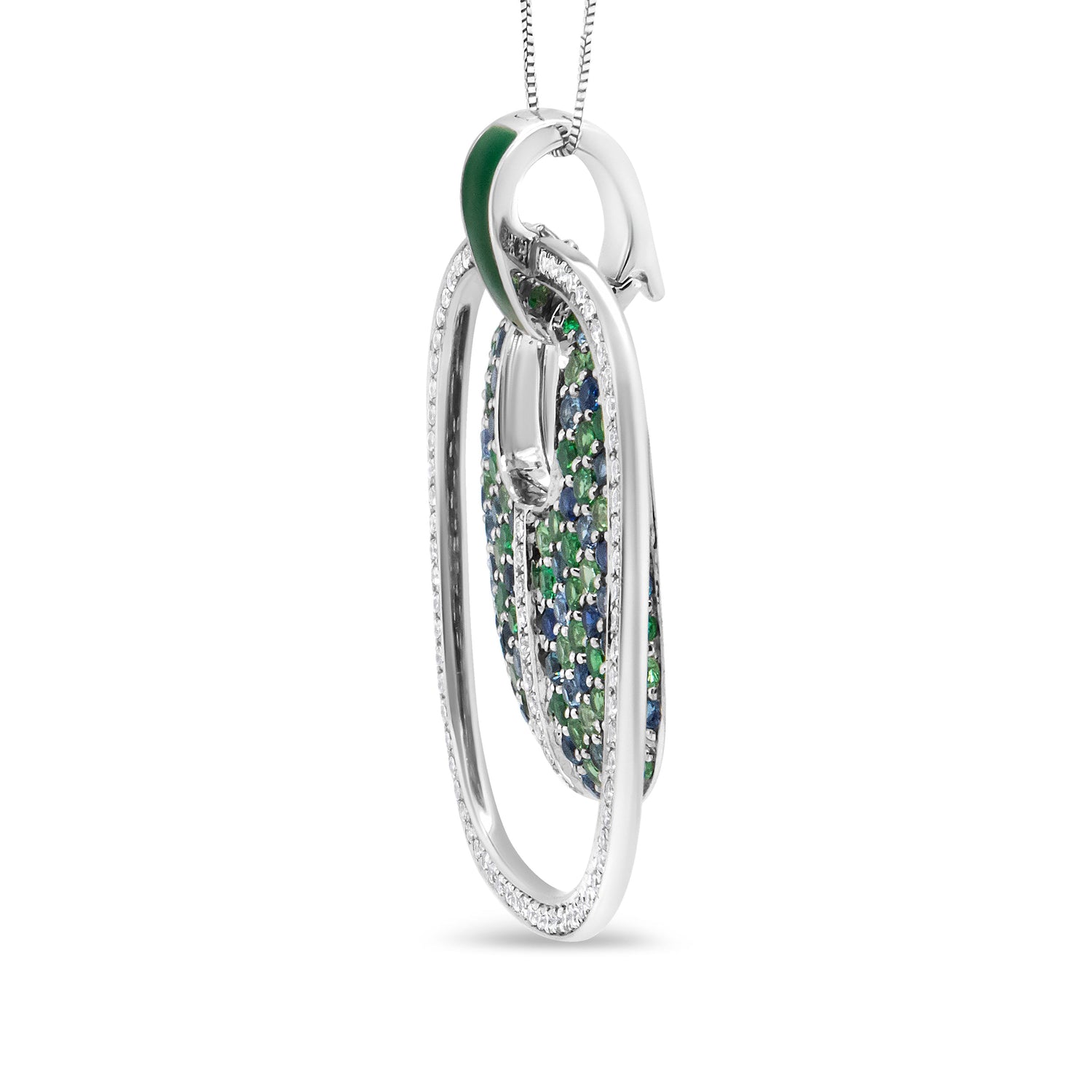 .925 Sterling Silver Green Enamel Pendant with 1/2 Cttw Diamond, Sapphire, and Tsavorite Openwork Statement 18" Pendant Necklace (F-G Color, VS1-VS2 Clarity) by Bids.com
