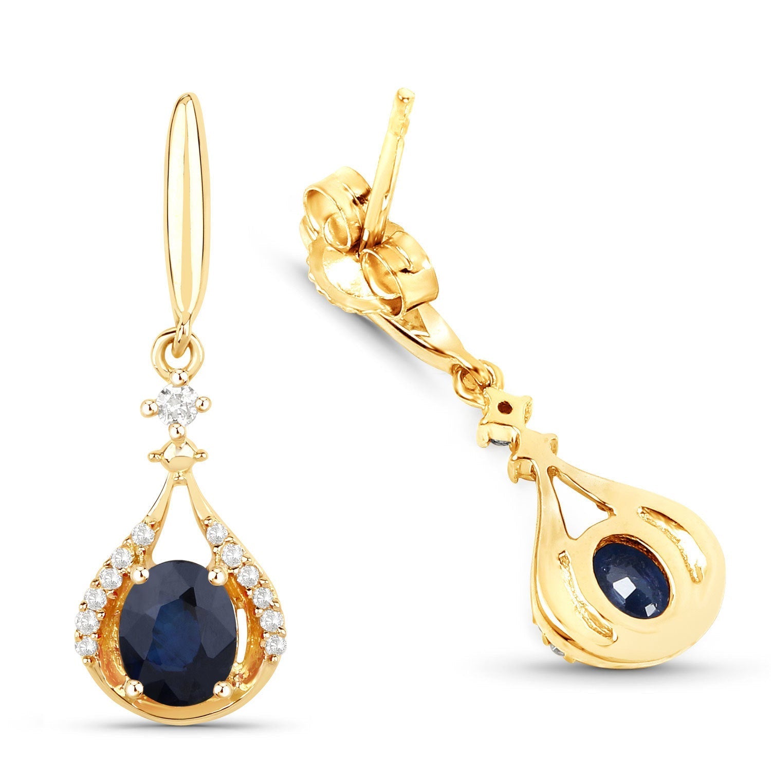 0.86 Carat Genuine Blue Sapphire and White Diamond 14K Yellow Gold Earrings  DestGlow