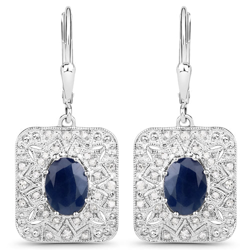 3.36 Carat Genuine Blue Sapphire and White Diamond .925 Sterling Silver Earrings  DestGlow