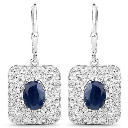 3.36 Carat Genuine Blue Sapphire and White Diamond .925 Sterling Silver Earrings  DestGlow