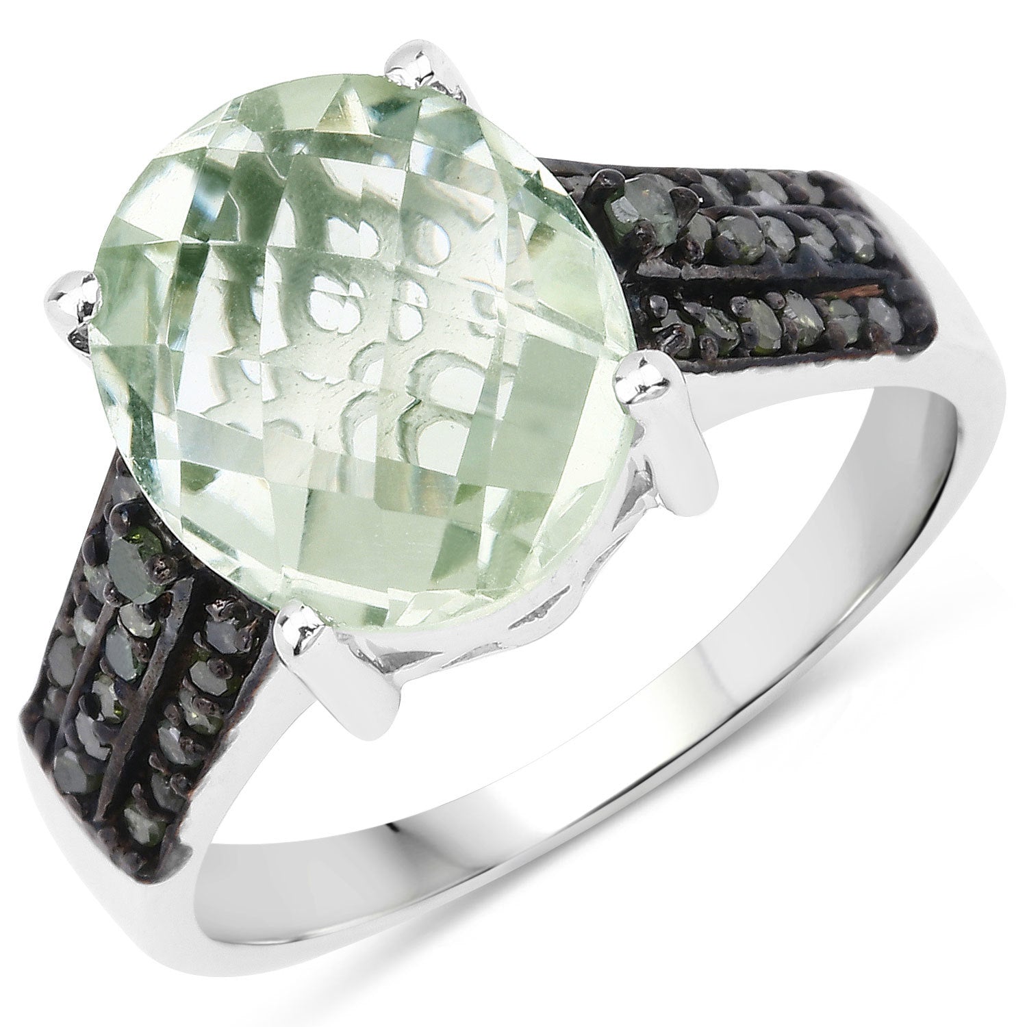 4.26 Carat Genuine Green Amethyst and Green Diamond .925 Sterling Silver Ring by Bids.com