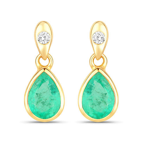1.35 Carat Genuine Zambian Emerald and White Diamond 14K Yellow Gold Earrings  DestGlow