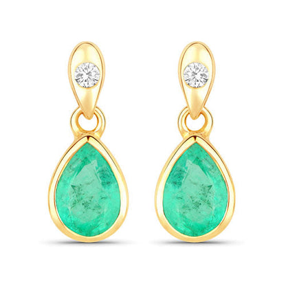 1.35 Carat Genuine Zambian Emerald and White Diamond 14K Yellow Gold Earrings  DestGlow