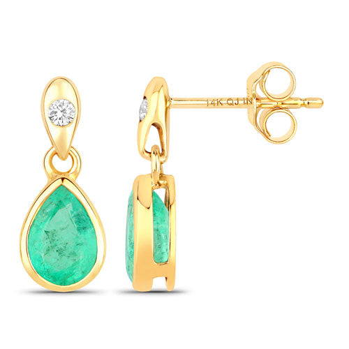 1.35 Carat Genuine Zambian Emerald and White Diamond 14K Yellow Gold Earrings  DestGlow