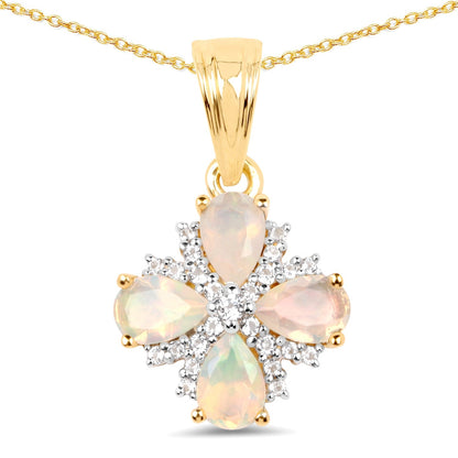 14K Yellow Gold Plated 1.19 Carat Genuine Ethiopian Opal and White Topaz .925 Sterling Silver Pendant  DestGlow
