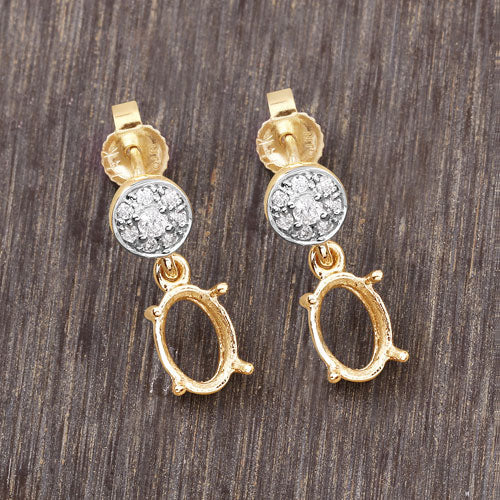 0.11 Carat Genuine White Diamond 14K Yellow Gold Semi Mount Earrings - holds 7x5mm Oval Gemstones by Bids.com