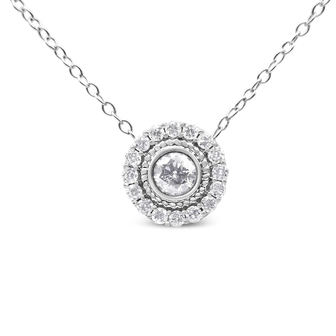 .925 Sterling Silver 1/2 Cttw Round Diamond Halo Circle Pendant 18" Necklace (I-J Color, I2-I3 Clarity) by Bids.com