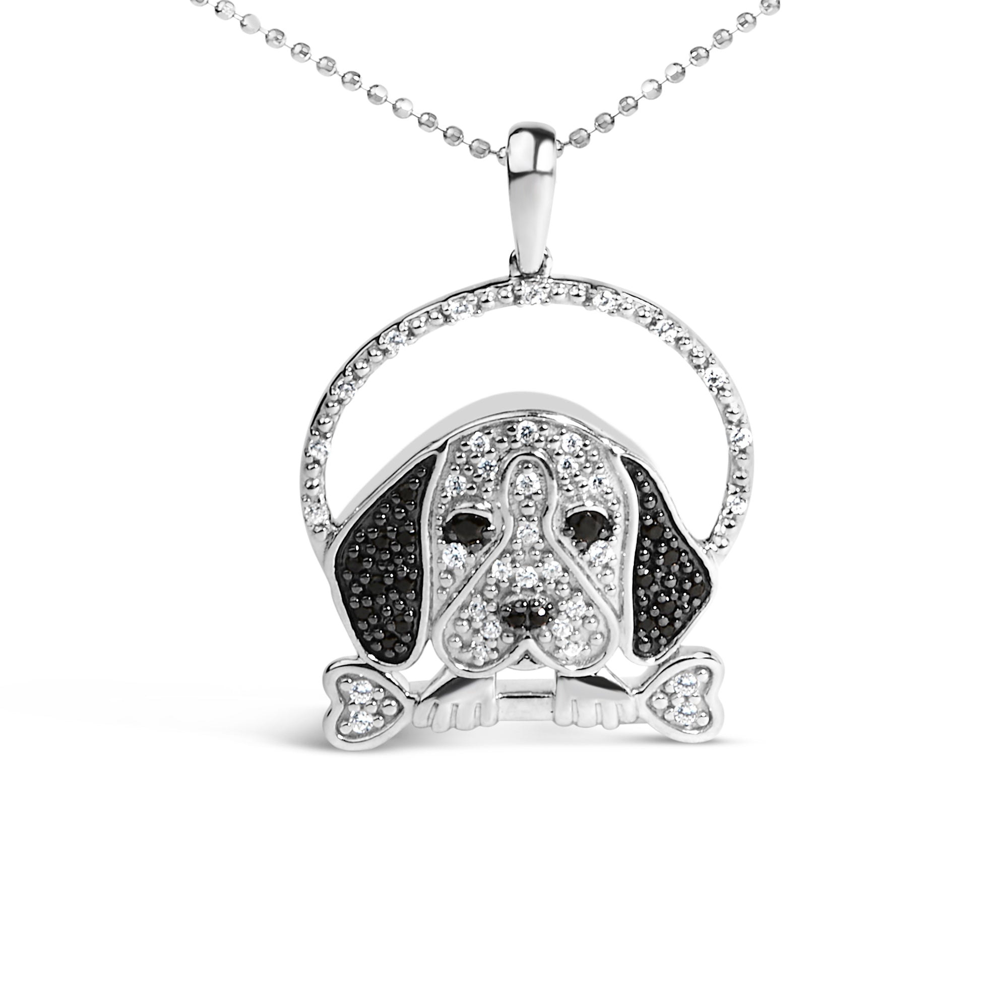 .925 Sterling Silver 1/4 Cttw White and Black Diamond Beagle Dog and Bone Pendant Necklace (I-J Color, I2-I3 Clarity) - 18" Inches by Bids.com