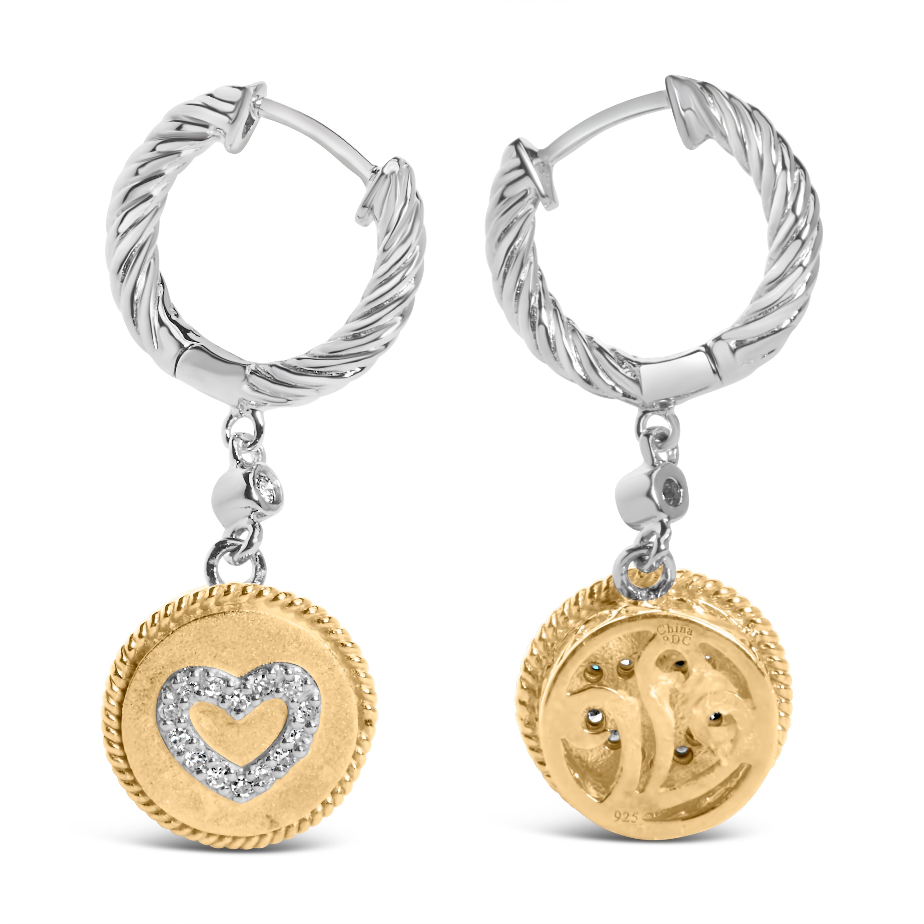 18K Yellow Gold Plated .925 Sterling Silver 1/8 Cttw Diamond Heart Medallion Drop and Dangle Earring (I-J Color, SI1-SI2 Clarity) by Bids.com
