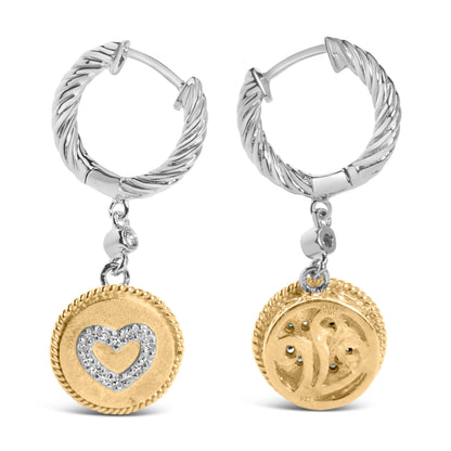 18K Yellow Gold Plated .925 Sterling Silver 1/8 Cttw Diamond Heart Medallion Drop and Dangle Earring (I-J Color, SI1-SI2 Clarity) by Bids.com