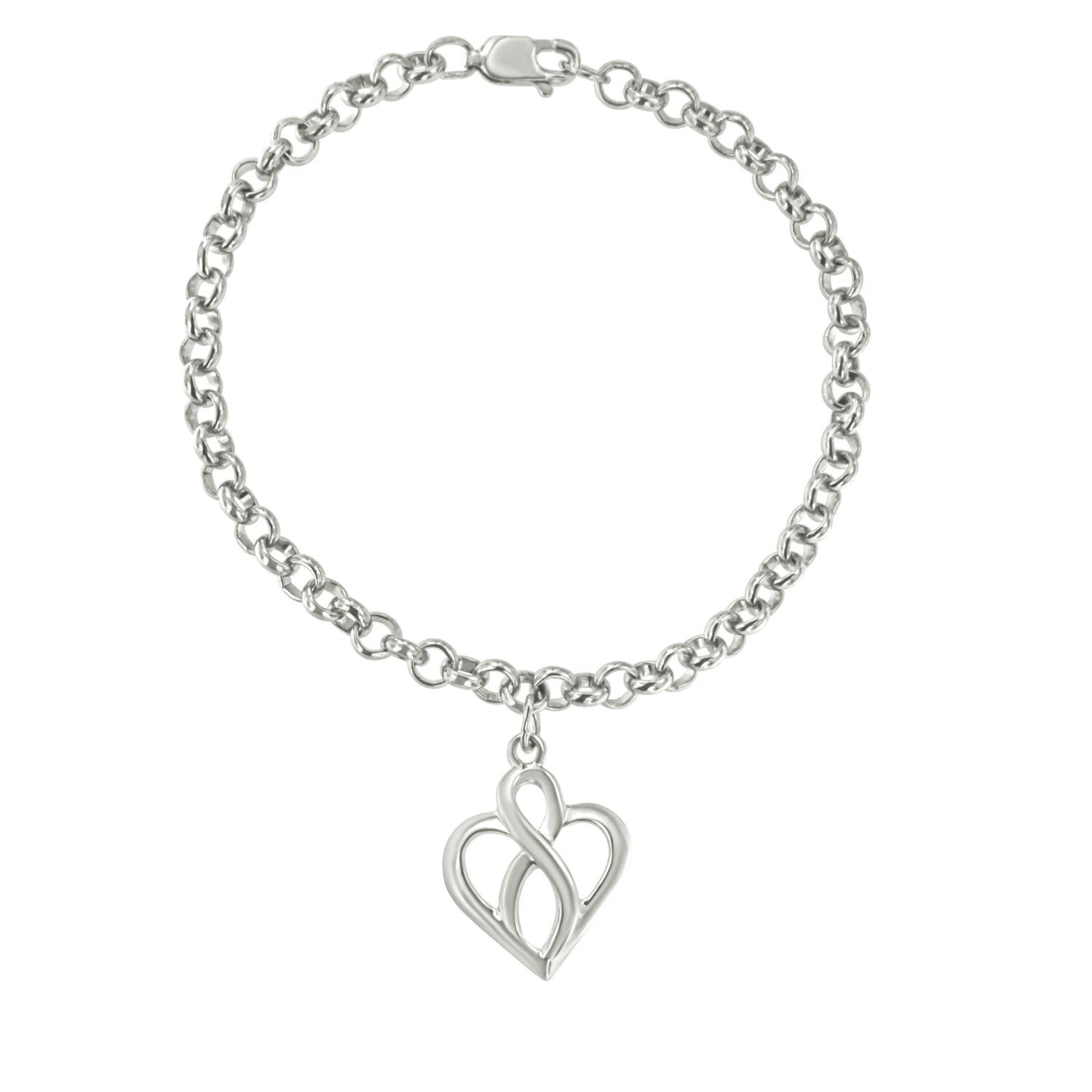 .925 Sterling Silver Open Heart with Center Vertical Infinity Chain Charm Bracelet - Size 7" by Bids.com