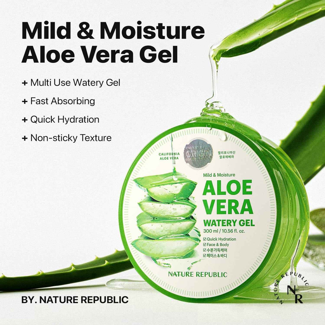 MILD &amp; MOISTURE ALOE VERA WATERY GEL (1 PCS) Quick Hydration &amp; Moisturizing,Fast Absorbing Non-Sticky Texture,Korean Skin Care for Face,Hair,Sunburn Relief, Aftershave, All Skin Types