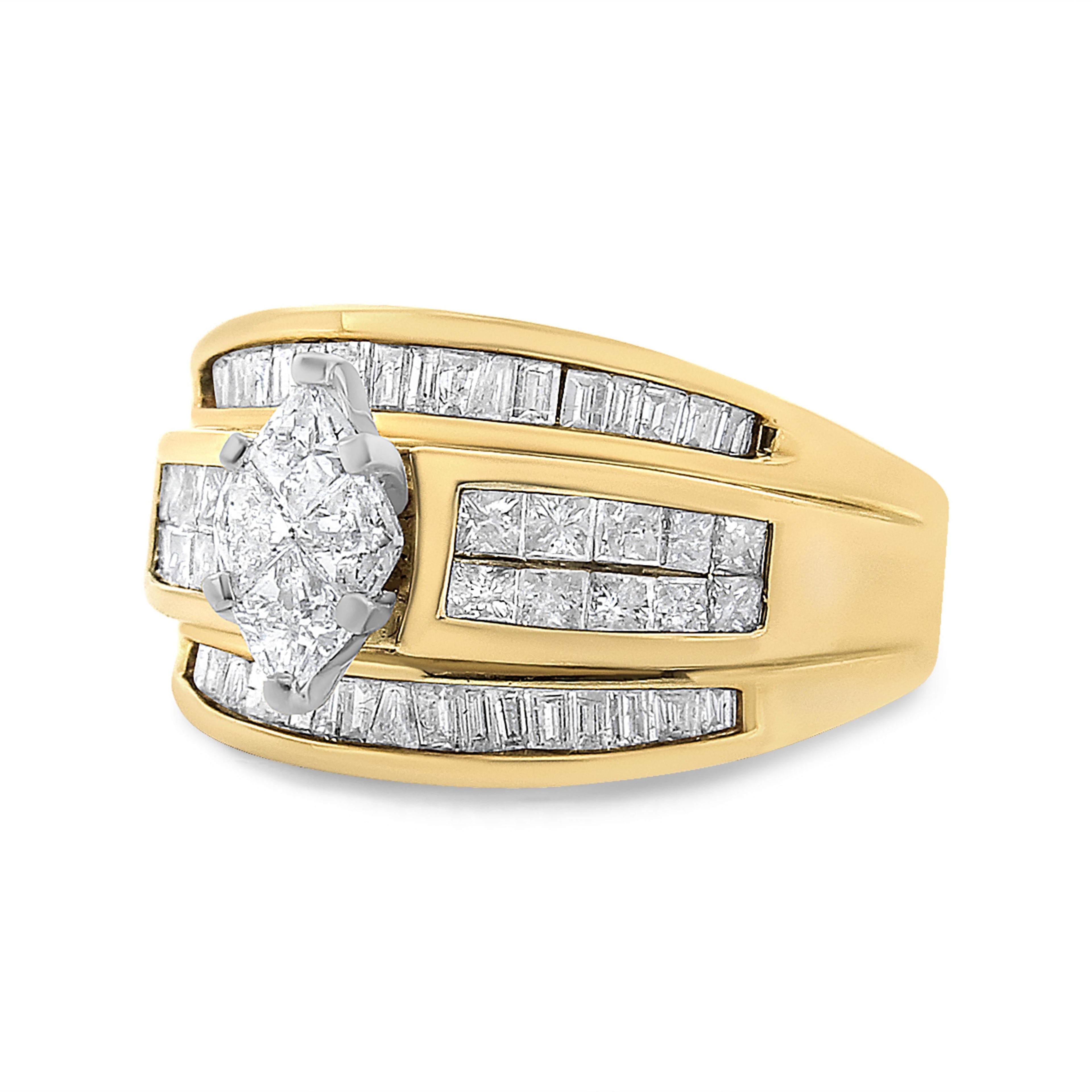 14K Yellow Gold 1 1/2 Cttw Pie, Princess and Baguette-cut Diamond Marquise Shaped Engagement Cocktail Ring Band (H-I Color, I1-I2 Clarity) - Ring Size 7  DestGlow