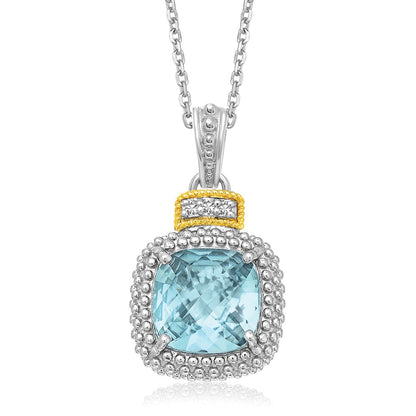 18k Yellow Gold &amp; Sterling Silver Popcorn Sky Blue Topaz and Diamond Pendant  DestGlow