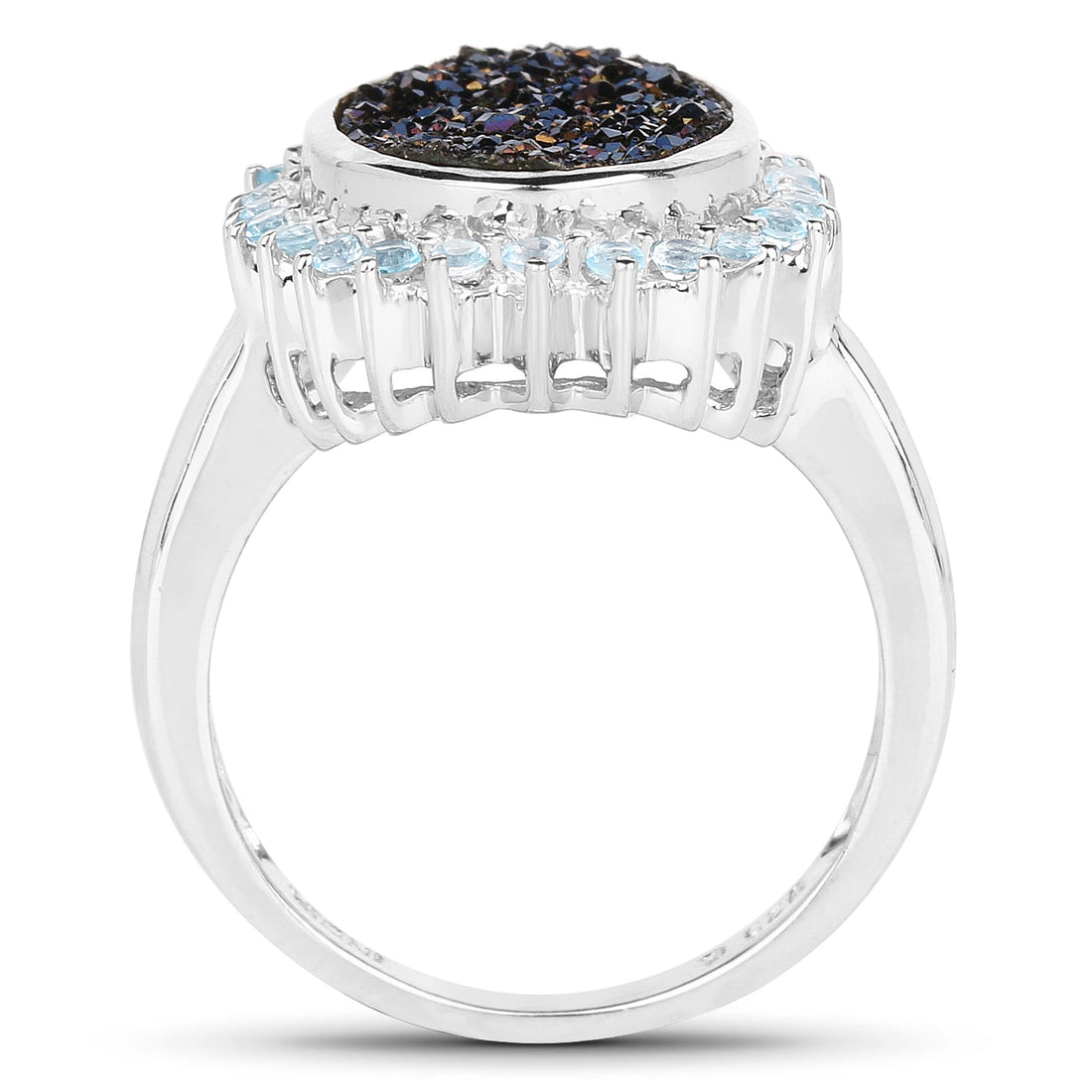 3.68 Carat Genuine Cobalt Blue Drusy &amp; Swiss Blue Topaz .925 Sterling Silver Ring  DestGlow