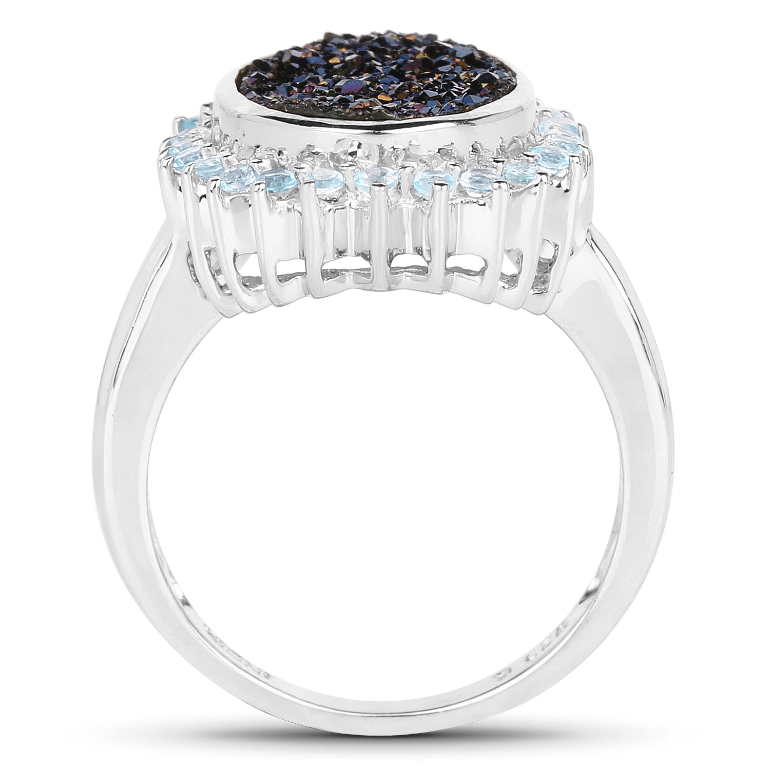 3.68 Carat Genuine Cobalt Blue Drusy &amp; Swiss Blue Topaz .925 Sterling Silver Ring  DestGlow