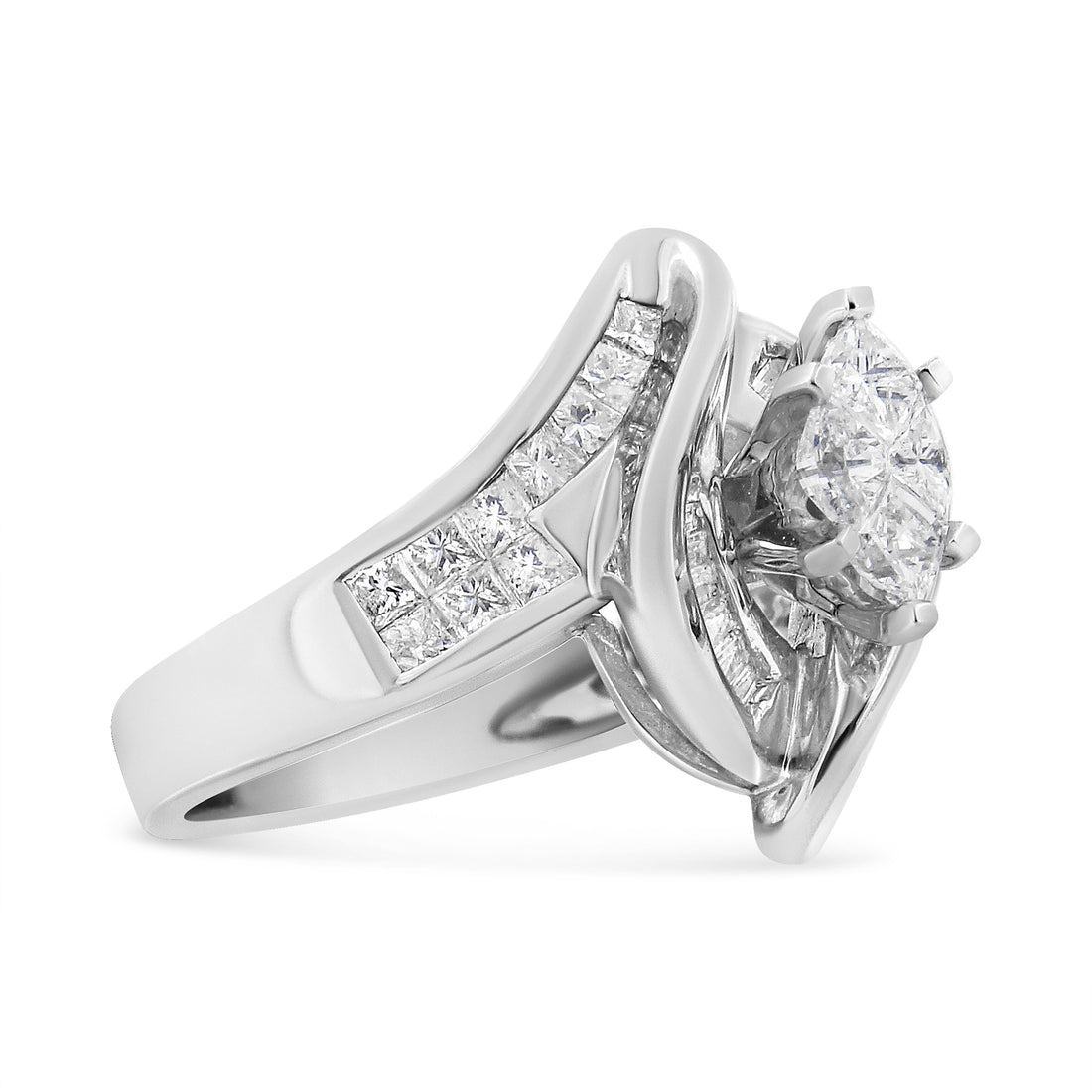 14K White Gold 1 1/4 Cttw Pie, Baguette and Princess cut Diamond Marquise Shape Engagement Cocktail Ring (H-I Color, SI2-I1 Clarity)  DestGlow