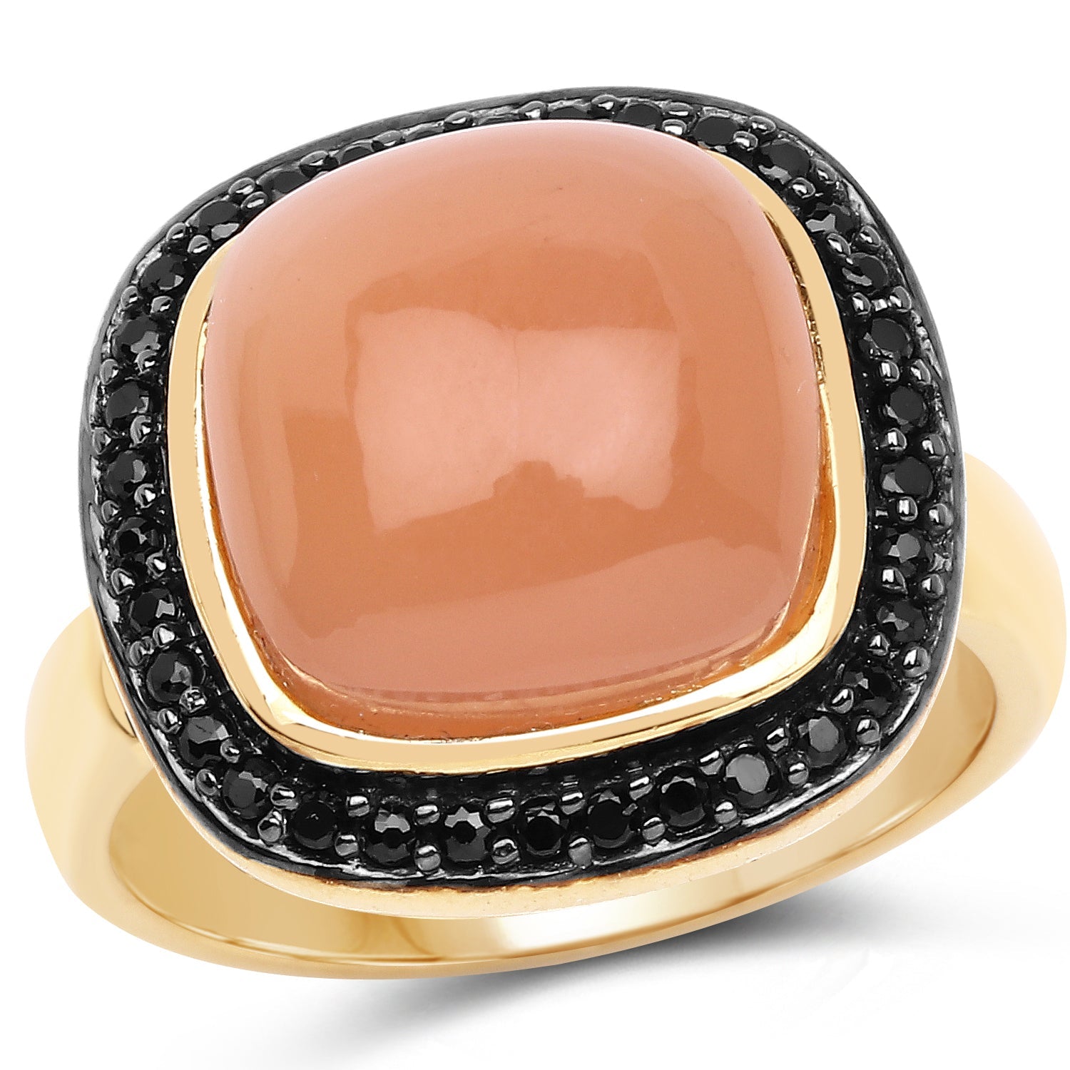 14K Yellow Gold Plated 7.50 ct. t.w. Peach Moonstone and Black Spinel Ring in Sterling Silver by Bids.com