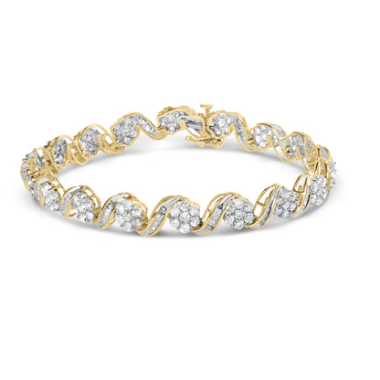 10k Yellow Gold 5.00 Cttw Round-Cut and Baguette-Cut Diamond Floral Link 7.25" Bracelet (I-J Color, I2-I3 Clarity) by Bids.com