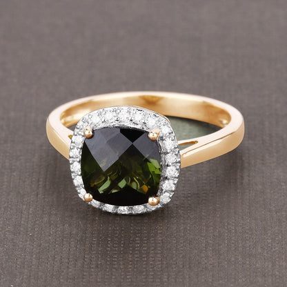 2.64 Carat Genuine Green Tourmaline and White Diamond 14K Yellow Gold Ring by Bids.com
