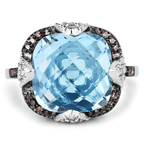 8.29 Carat Genuine Swiss Blue Topaz, Champagne Diamond and White Diamond .925 Sterling Silver Ring by Bids.com