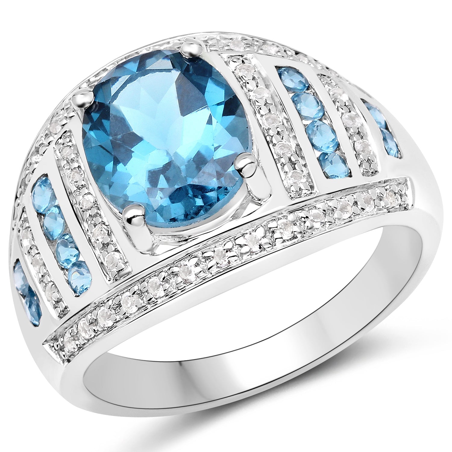 3.24 Carat Genuine London Blue Topaz and White Topaz .925 Sterling Silver Ring  DestGlow