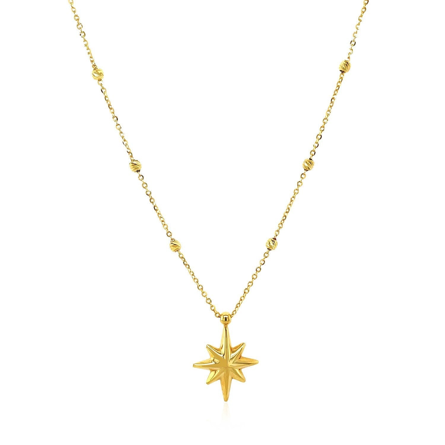 14k Yellow Gold Necklace with Eight Pointed Star and Beads  DestGlow