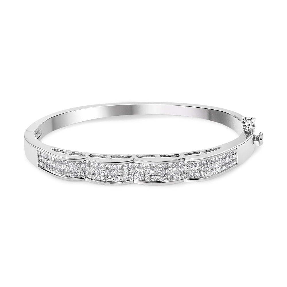 14K White Gold 3 1/3 Cttw Invisible Set Princess-Cut Diamond Wave Bangle Bracelet (H-I Color, SI1-SI2 Clarity) - Size 7" - DestGlow