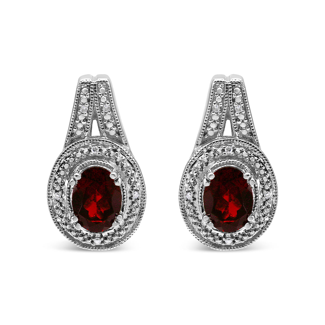 .925 Sterling Silver Diamond Accent and 8x6mm Red Oval Garnet Stud Earrings (I-J Color, I1-I2 Clarity) by Bids.com