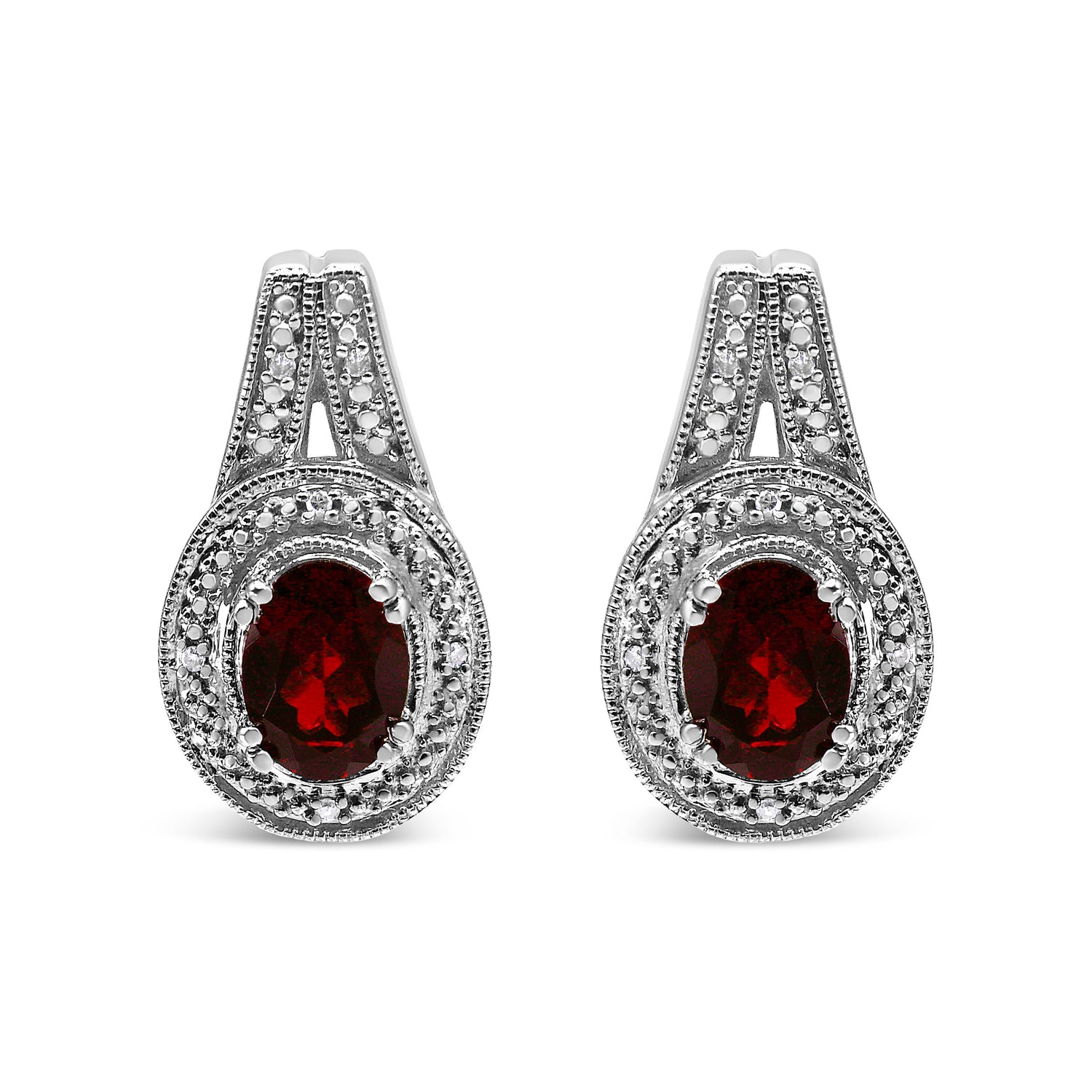.925 Sterling Silver Diamond Accent and 8x6mm Red Oval Garnet Stud Earrings (I-J Color, I1-I2 Clarity) by Bids.com