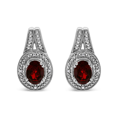 .925 Sterling Silver Diamond Accent and 8x6mm Red Oval Garnet Stud Earrings (I-J Color, I1-I2 Clarity) by Bids.com