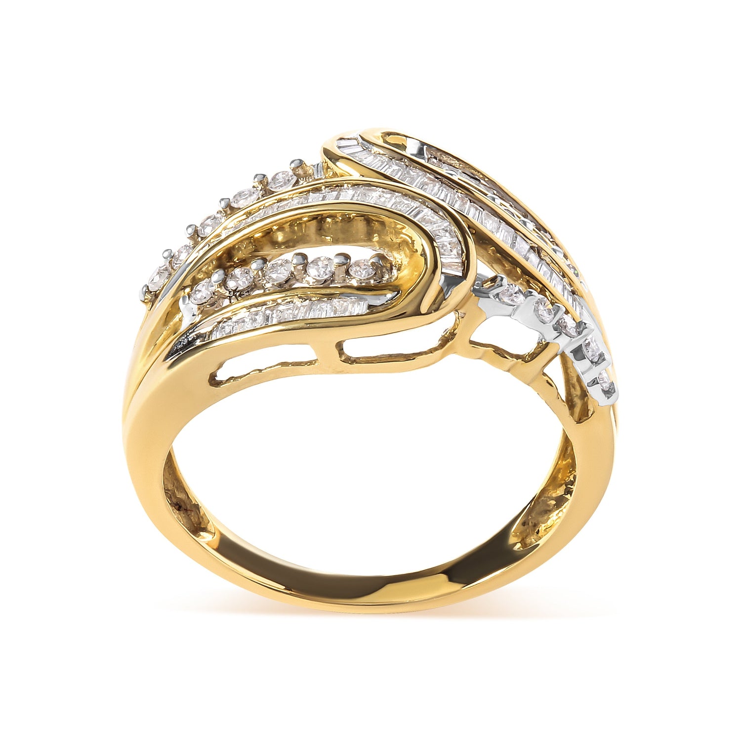 10K Yellow Gold 1/2 Cttw Round and Baguette cut Diamond Open Space Bypass Ring (H-I Color, SI2-I1 Clarity) - Ring Size 7  DestGlow