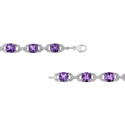 .925 Sterling Silver 7mm Cushion Cut Amethyst Gemstone and Diamond Tennis Link Bracelet (I-J Color, I1-I2 Clarity) - Size 7" by Bids.com