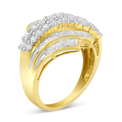 10K Yellow Gold 1.0 Cttw Round &amp; Baguette Cut Diamond 64 Stone Bypass Style Channel Set Modern Statement Ring (H-I Color, SI1-SI2 Clarity) - Size 6 by Bids.com