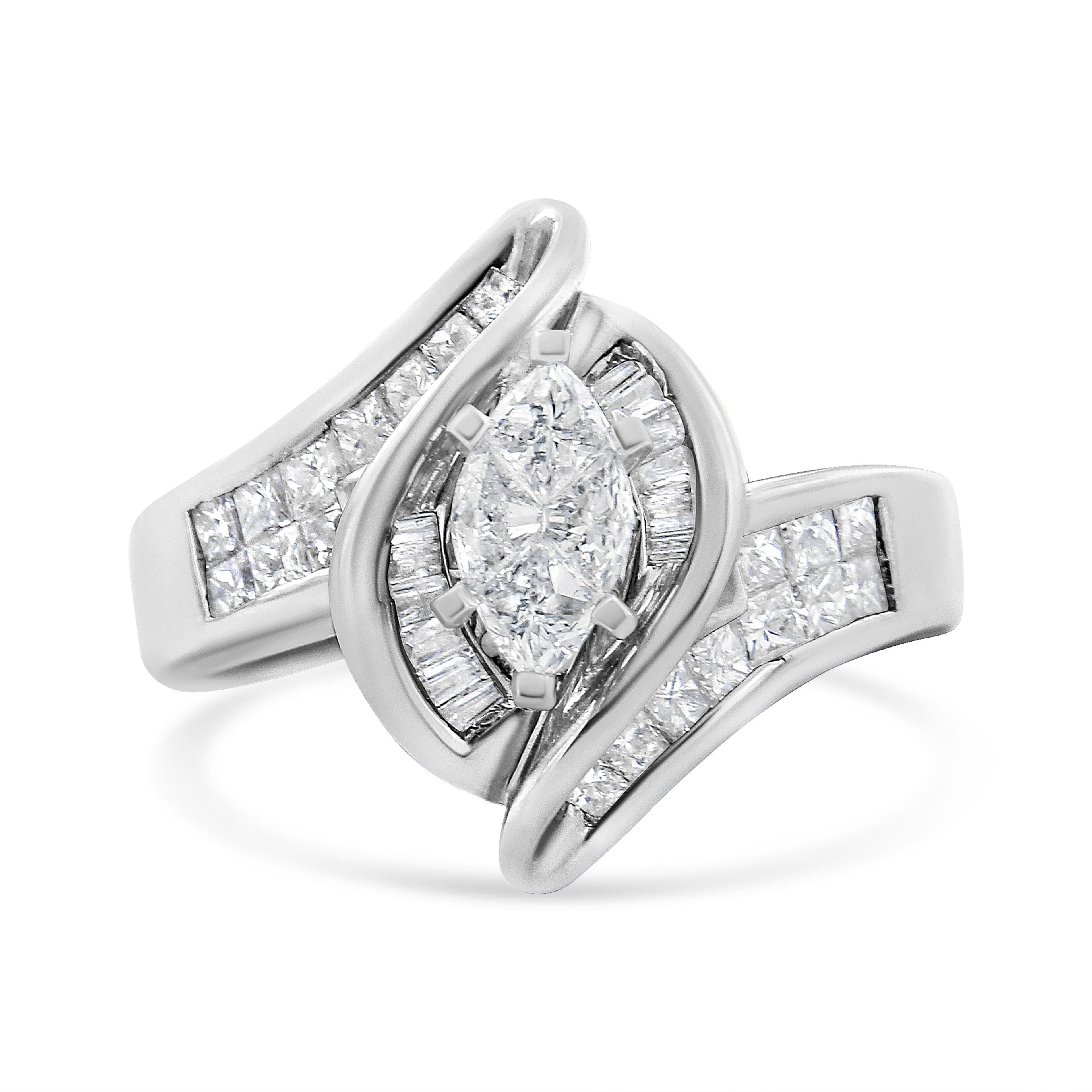 14K White Gold 1 1/4 Cttw Pie, Baguette and Princess cut Diamond Marquise Shape Engagement Cocktail Ring (H-I Color, SI2-I1 Clarity)  DestGlow
