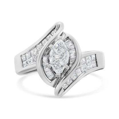 14K White Gold 1 1/4 Cttw Pie, Baguette and Princess cut Diamond Marquise Shape Engagement Cocktail Ring (H-I Color, SI2-I1 Clarity)  DestGlow