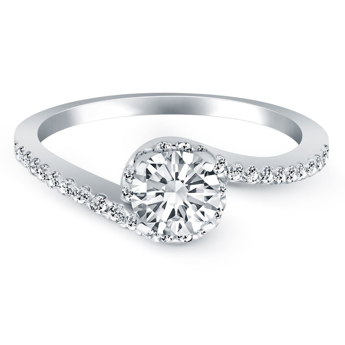 14k White Gold Bypass Swirl Diamond Halo Engagement Ring by Bids.com