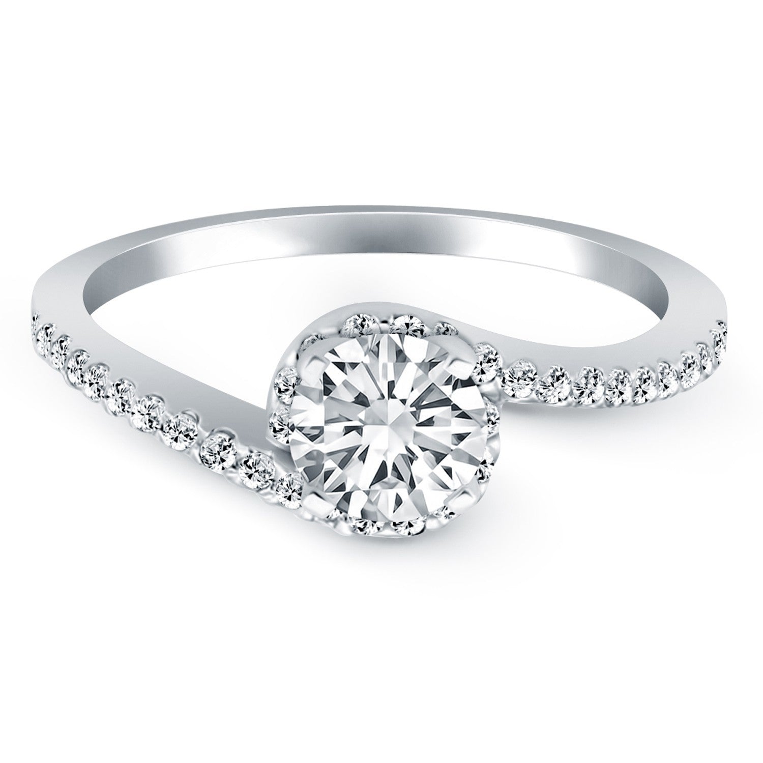 14k White Gold Bypass Swirl Diamond Halo Engagement Ring by Bids.com