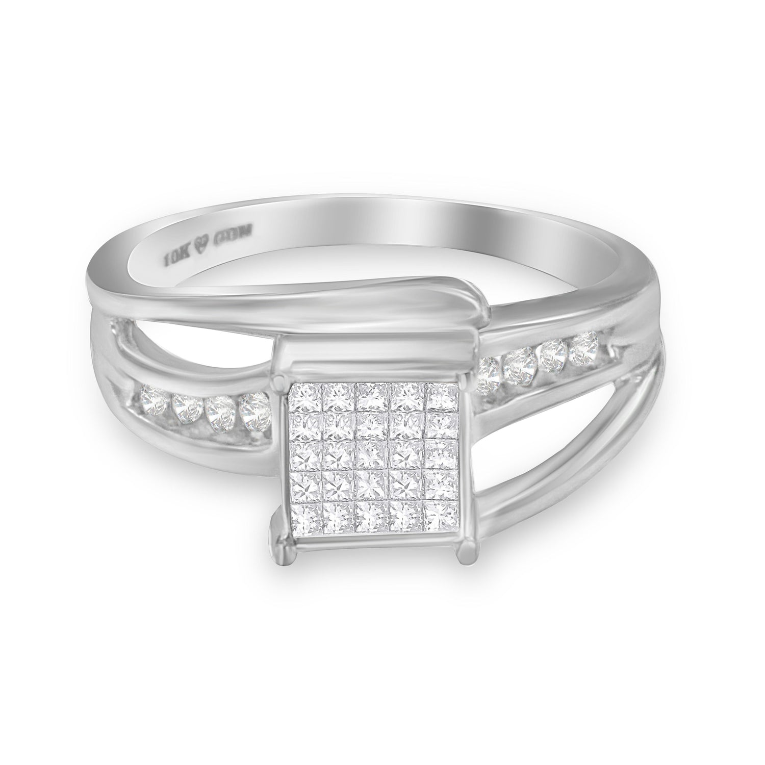10K White Gold 1/3 Cttw Invisible Set Princess-cut Diamond Cluster Bypass Ring (H-I Color, SI1-SI2 Clarity) - Ring Size 7 by Bids.com