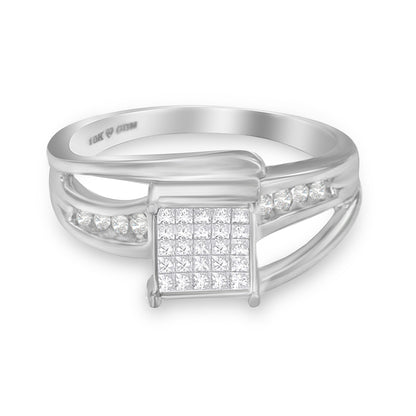 10K White Gold 1/3 Cttw Invisible Set Princess-cut Diamond Cluster Bypass Ring (H-I Color, SI1-SI2 Clarity) - Ring Size 7 by Bids.com